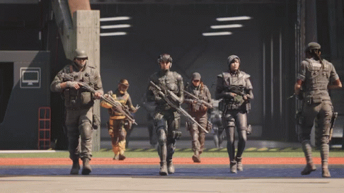 Soldiers Walking in Line with Police Uniform