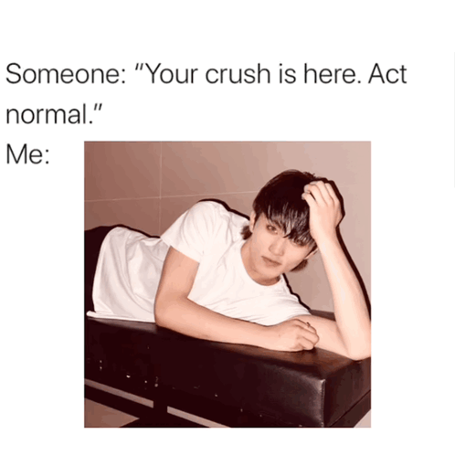 Someone Says " Your Crush Is Here Act Normal " Next To A Picture Of A Boy GIF