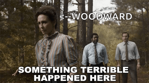 something terrible happened here is written above a woman in the woods