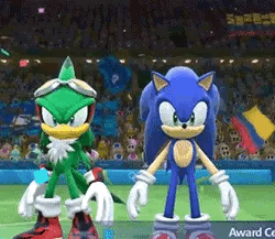 Sonic The Hedgehog And Jet The Hawk Are Standing Next To Each Other On A Tennis Court . GIF