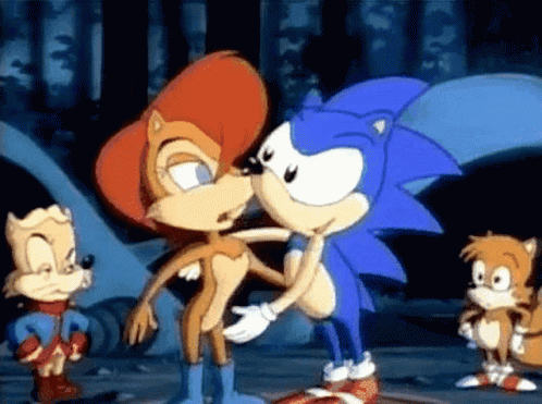 Sonic And Sally The Fox Kissing While Tails Watches GIF