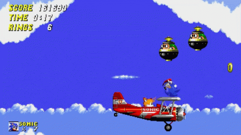 Sonic The Hedgehog Is Flying A Red Airplane In A Video Game With A Score Of 162380 GIF