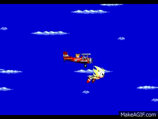 Sonic The Hedgehog Is Flying A Small Airplane In The Sky GIF