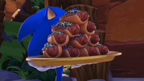 Sonic The Hedgehog Is Holding A Tray Of Hot Dogs With Jalapenos On Them GIF