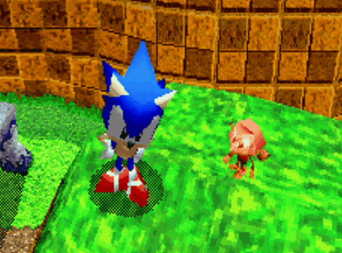 Sonic The Hedgehog Is Standing On A Grassy Hill Next To A Smaller Character GIF
