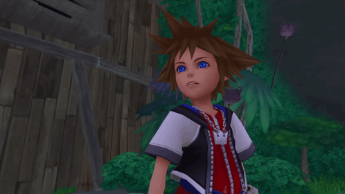 Sora from Kingdom Hearts Standing Before Wooden Wall