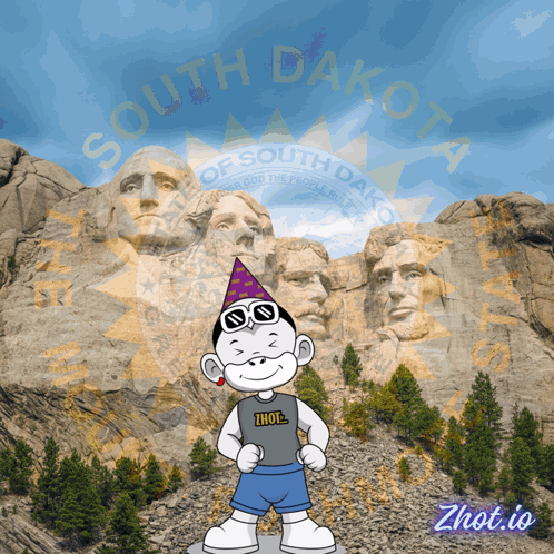 South Dakota Poster Cartoon Character in Front of Mountain