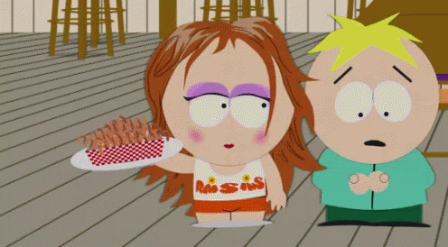 South Park Character Holding Plate Of Hot Dogs GIF