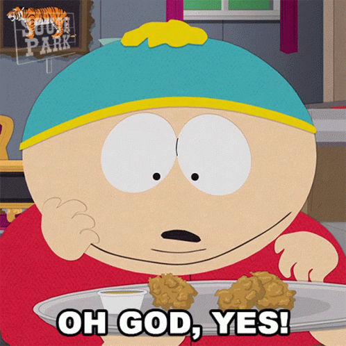 South Park Character Holding Plate Saying Oh God Yes