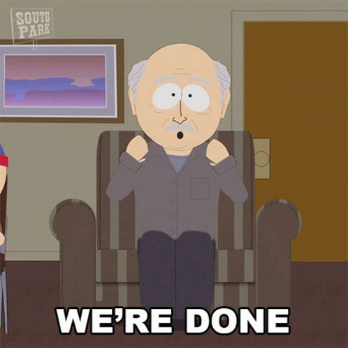 South Park Character Sitting in Chair Saying We're Done