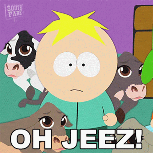 South Park Character Surrounded by Cows Saying Oh Jeez
