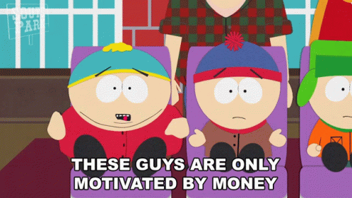 South Park Characters In Purple Seats Motivated By Money GIF