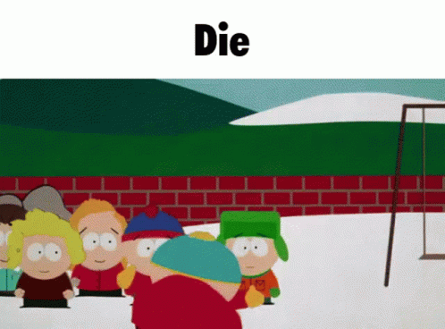 South Park Characters Standing in Front of Brick Wall With Die Above