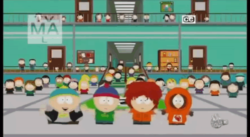 South Park Characters Standing in Hallway With TV MA Logo