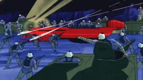 Space Adventure Snowmobile Passing Through Soldiers GIF