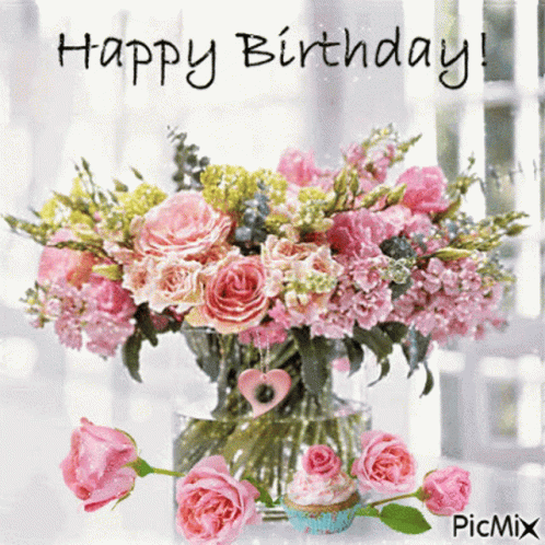 Sparkling Birthday Flowers Pink Roses GIF