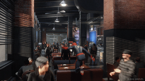 Spider Man 2099 Jumping Through Office Building GIF