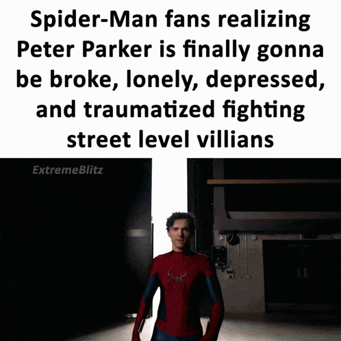 Spider-Man Fans Realizing Peter Parker Is Finally Gonna Be Broke Lonely Depressed And Traumatized Fighting Street Level GIF