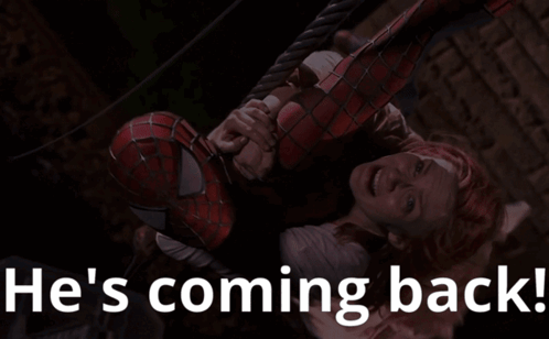 Spider-Man Hanging From Rope Saying He's Coming Back GIF