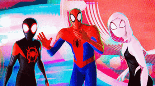 Spider-Man , Miles Morales And Ghost Spider Are Standing Next To Each Other On A Colorful Background . GIF