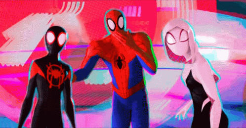 Spider-Man , Miles Morales And Ghost Spider Are Standing Next To Each Other On A Pink Background . GIF