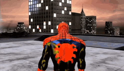 Spider Man on Rooftop With Red Spider on Back