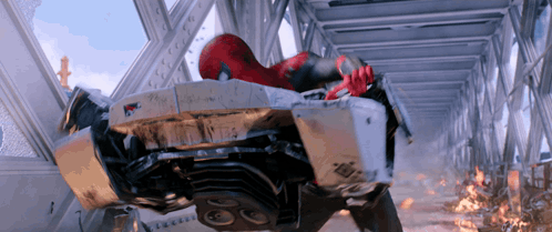 Spiderman Costume Hugging Woman in Suit