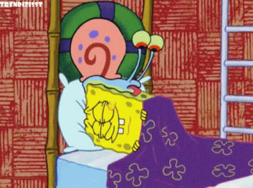 Spongebob And Gary From Spongebob Squarepants Laying In Bed Under A Purple Blanket GIF