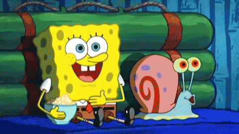 Spongebob And Gary The Snail Are Sitting Next To Each Other In A Cartoon GIF