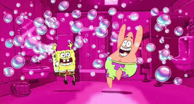 Spongebob And Patrick Are Jumping In The Air In A Bathroom Surrounded By Soap Bubbles . GIF