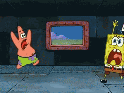 Spongebob And Patrick Are Running In Front Of A Television GIF