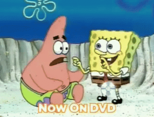 Spongebob And Patrick Are Sitting Next To Each Other With The Words Now On Dvd Below Them GIF