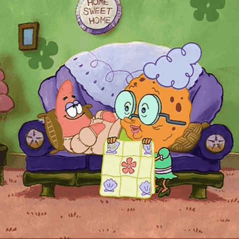 Spongebob And Patrick Are Sitting On A Couch With A Sign That Says Home Sweet Home GIF