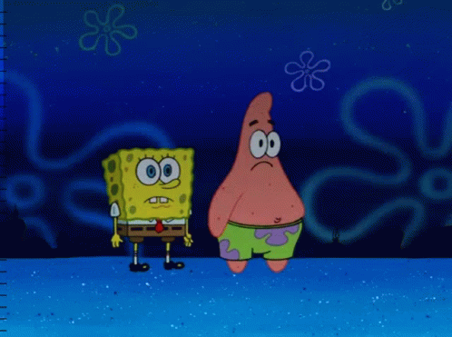 Spongebob And Patrick Are Standing Next To Each Other And Holding Hands GIF