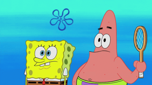 Spongebob And Patrick Are Standing Next To Each Other And Patrick Is Holding A Tennis Racket GIF