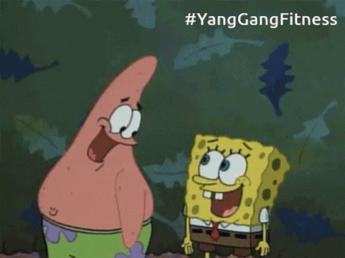 Spongebob And Patrick Are Standing Next To Each Other And The Hashtag #Yanggangfitness Is Below Them GIF