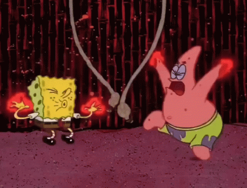 Spongebob and Patrick Fighting With Red Lights Behind Them