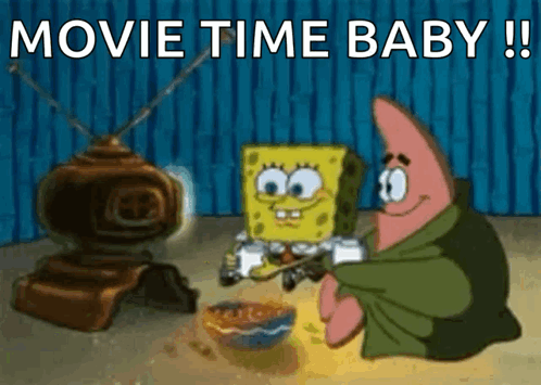 Spongebob And Patrick From Spongebob Squarepants Are Sitting In Front Of A Television Eating Cereal . GIF