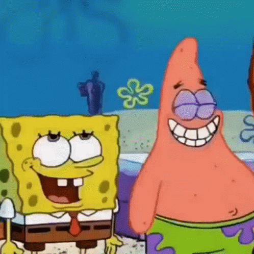 Spongebob And Patrick From Spongebob Squarepants Are Standing Next To Each Other On The Beach . GIF