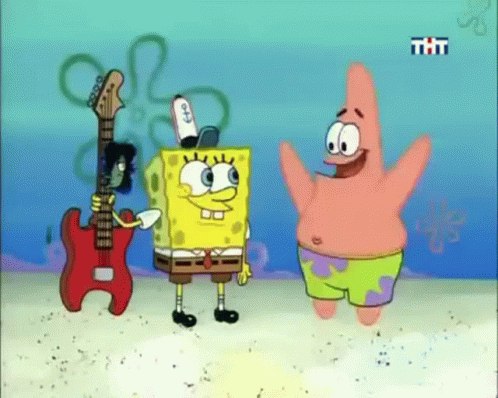 Spongebob And Patrick From Spongebob Squarepants Are Standing On The Beach GIF