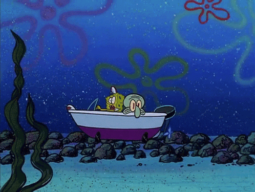 Spongebob And Squidward Are Sitting In A Boat In The Ocean GIF