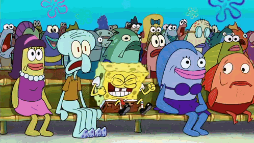 SpongeBob and Squidward Sitting on Bench