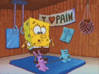 SpongeBob And Teddy Bear Holding I Love Pain Sign GIF