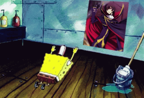 SpongeBob Cleaning Floor In Front Of Lelouch Poster GIF