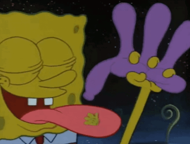 Spongebob Covering Eyes, Purple Hand Holding Tongue
