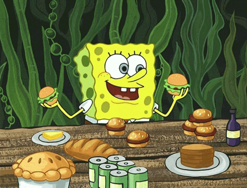 SpongeBob Holding Hamburger and Pie