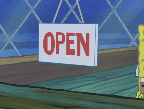 Spongebob Is Holding A Sign That Says " Open " GIF