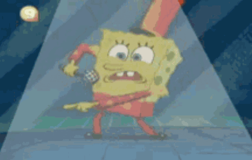 Spongebob Is Singing Into A Microphone While Wearing A Red Top Hat . GIF