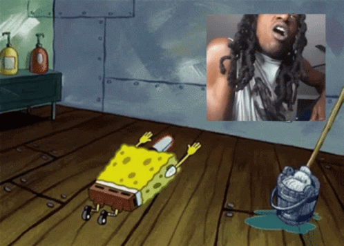 Spongebob Laying On The Floor Next To A Mop And A Picture Of A Man Singing GIF