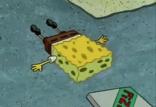 SpongeBob Lying in Water Next to Pizza